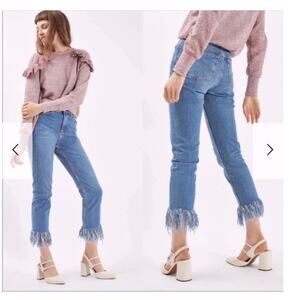Topshop Women Moto Fringed Cropped High Waist Medium Wash Jeans Size 28